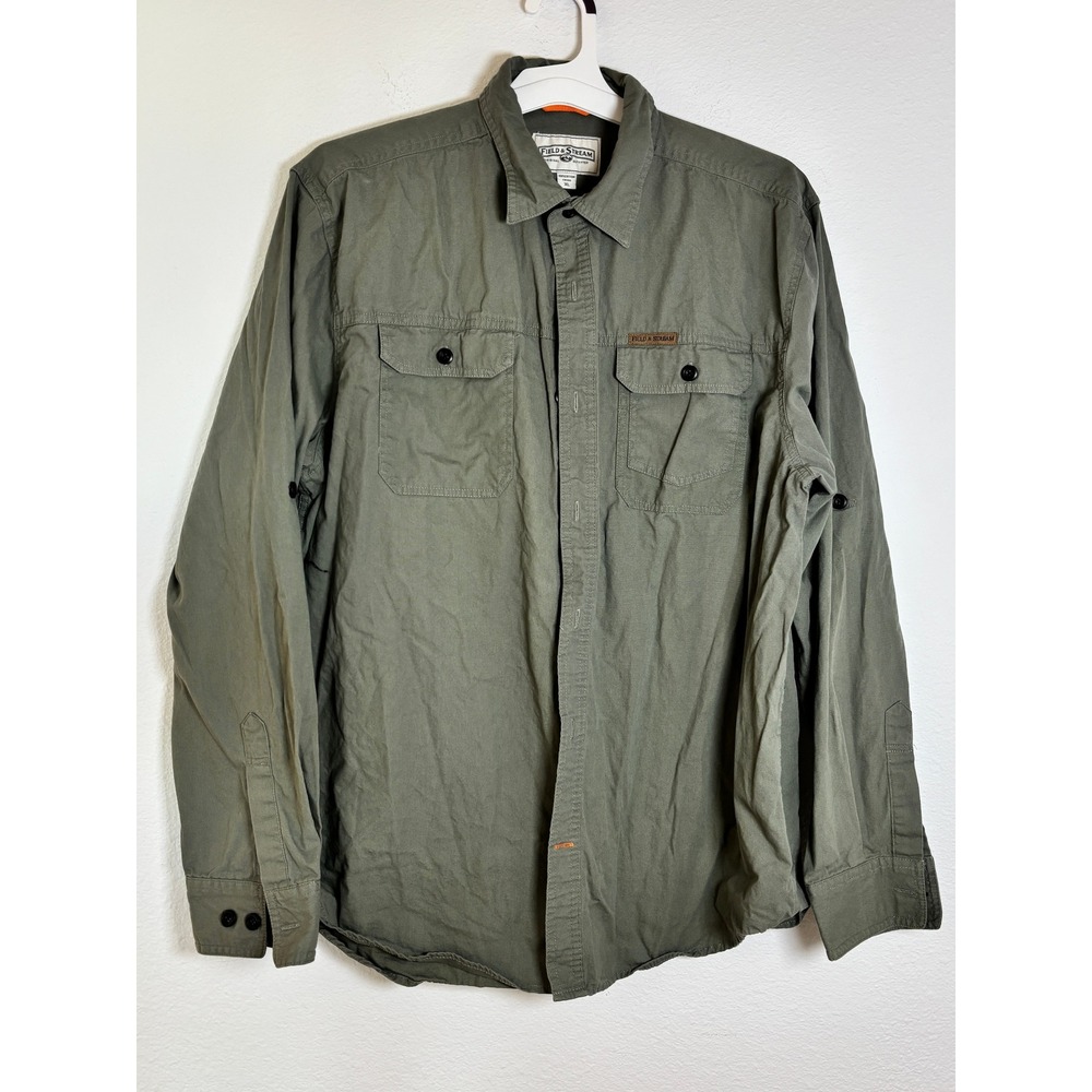 Field & Stream Mens XL Olive Green Cotton Roll Tab Long Sleeve Button Down Shirt